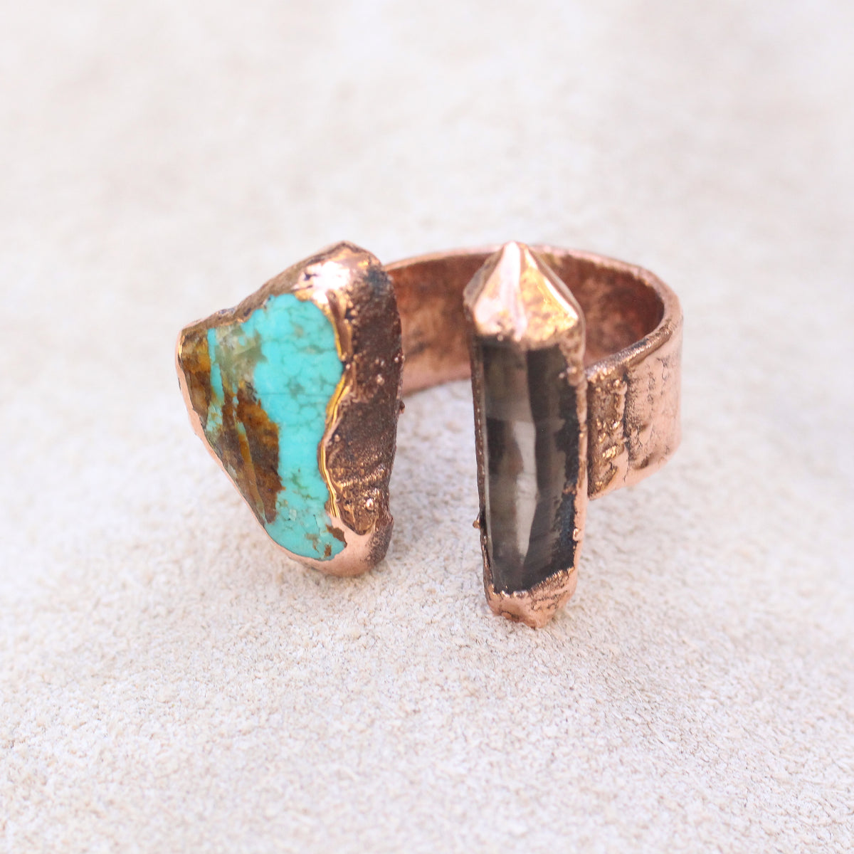 Smoky Quartz and Turquoise open Ring - size 6.75
