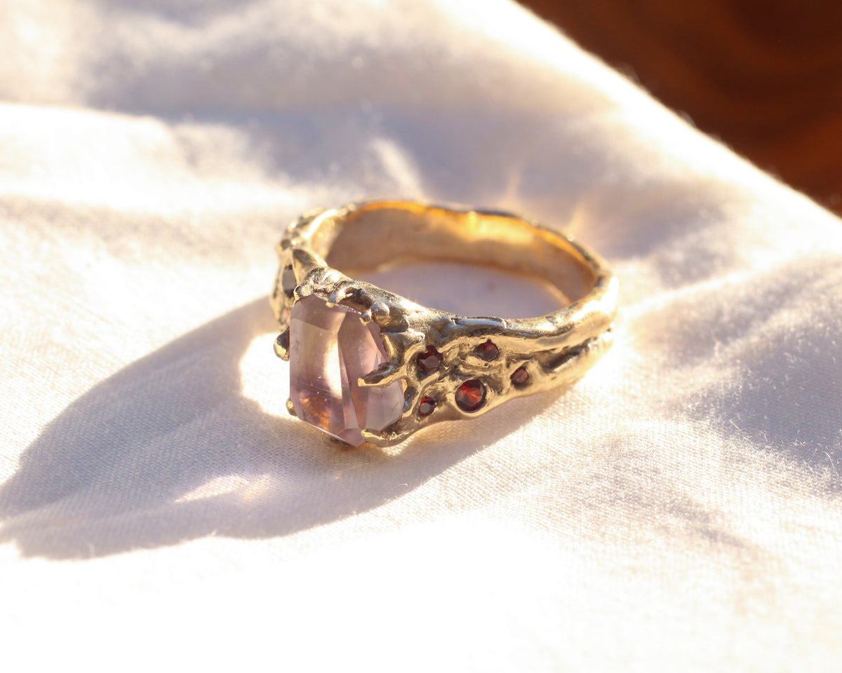 Light Amethyst and faceted Ruby Ring - Size 8.75