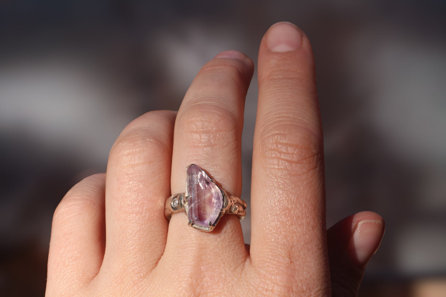 Hand faceted Amethyst and faceted Topaz ring in Silver - Size 8.25