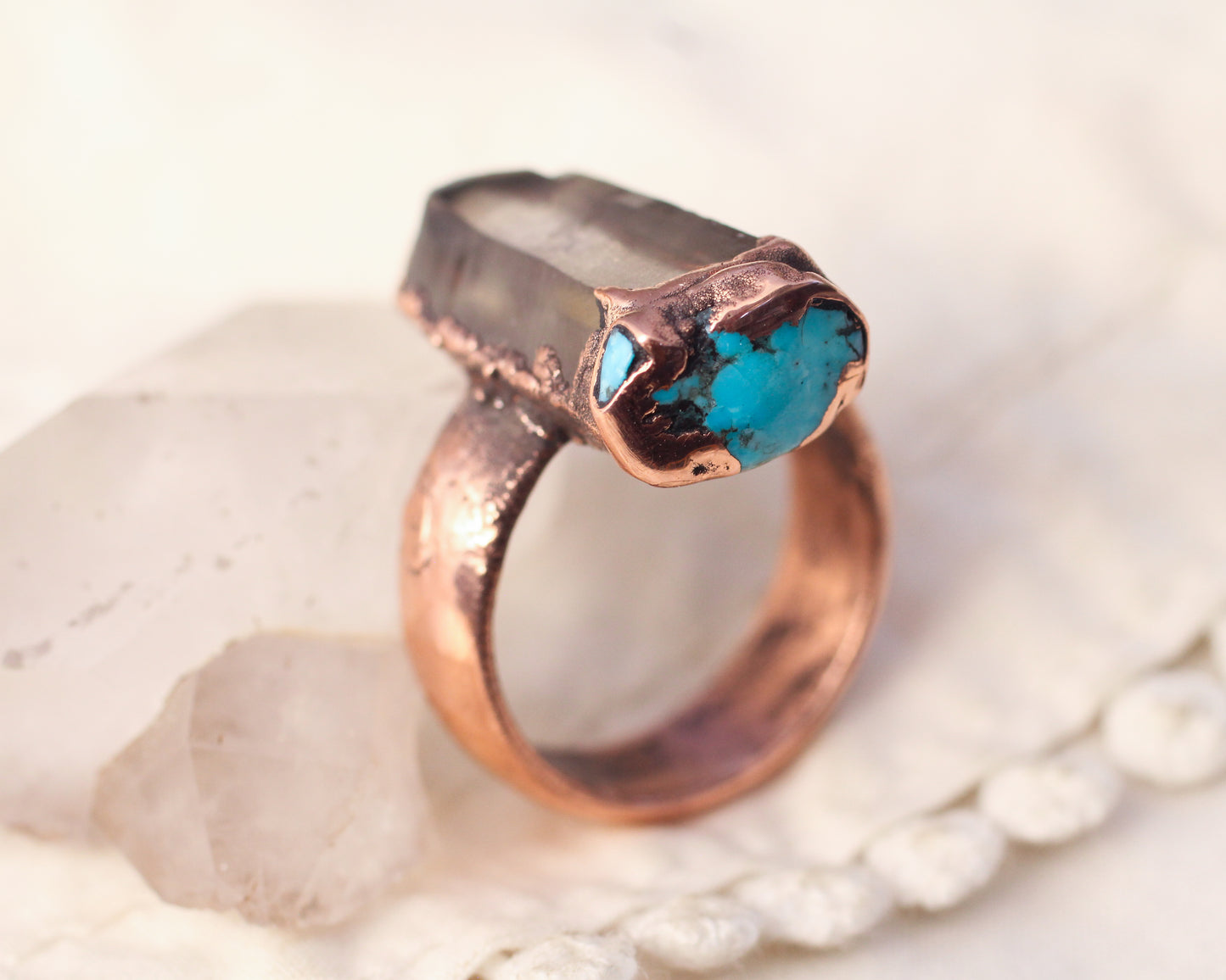 Smoky Quartz and Turquoise ring - Size 9