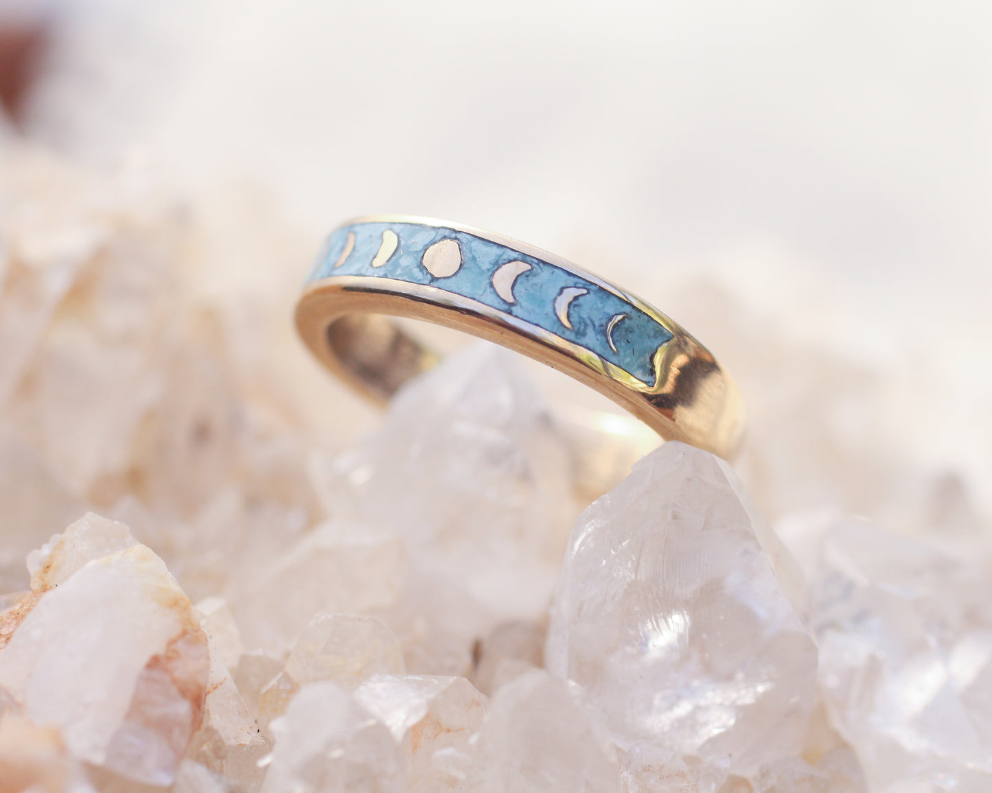 Inlaid Turquoise Moon Phase ring - Size 9.5