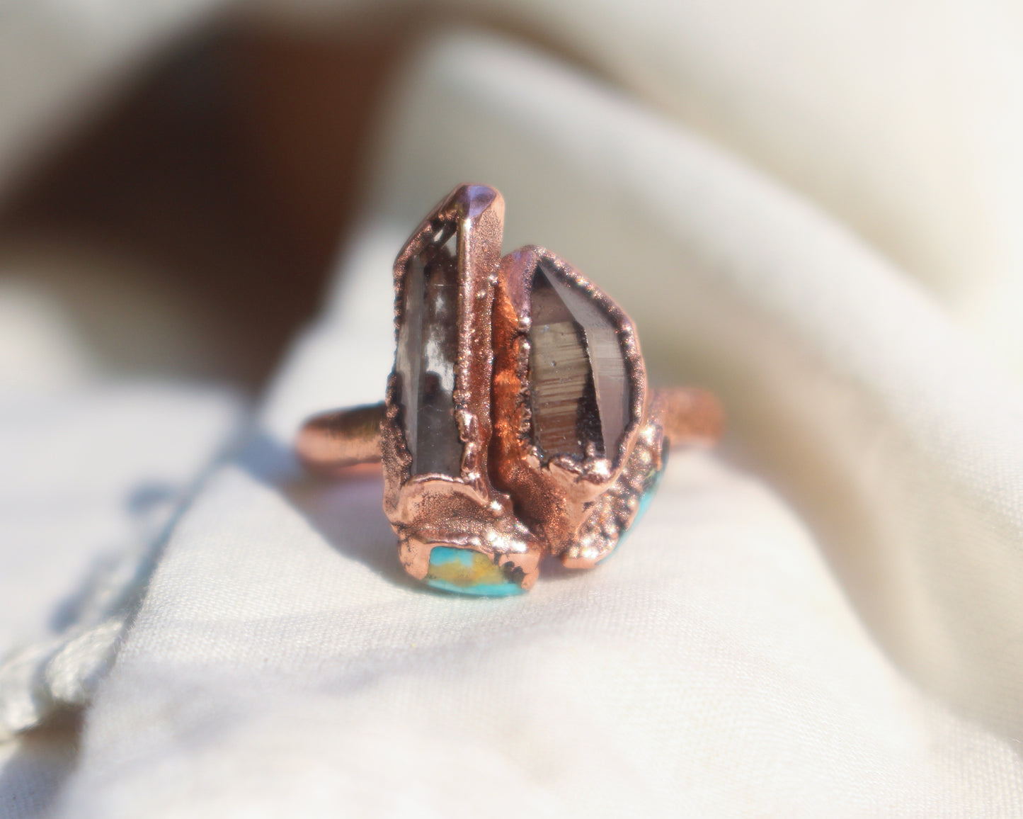 Quartz, Smoky Quartz and Turquoise ring - Size 7