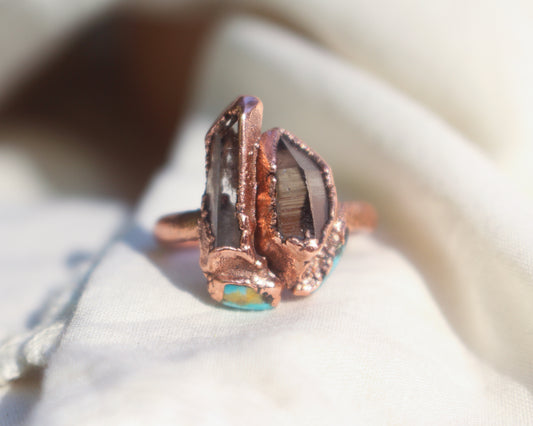 Quartz, Smoky Quartz and Turquoise ring - Size 7