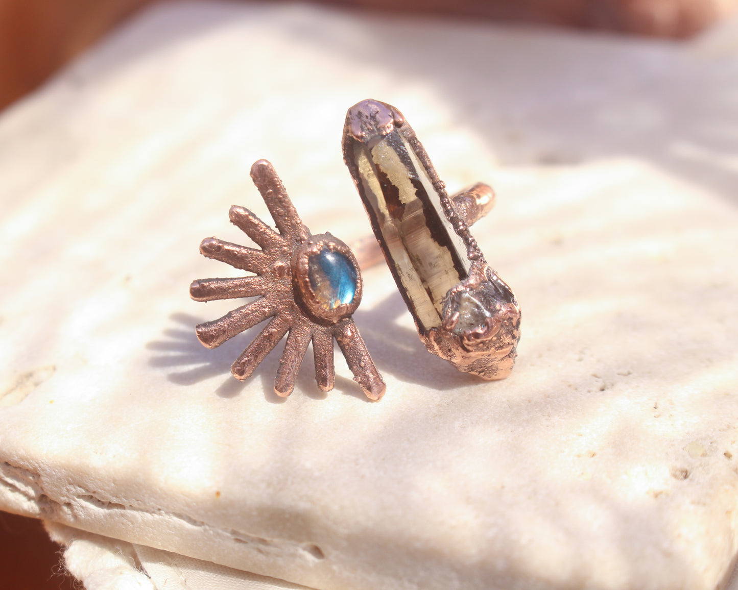 Smoky Quartz and Labradorite open style sun ring