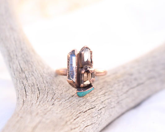 Quartz, Sherry color Topaz and Turquoise ring - Size 7.5