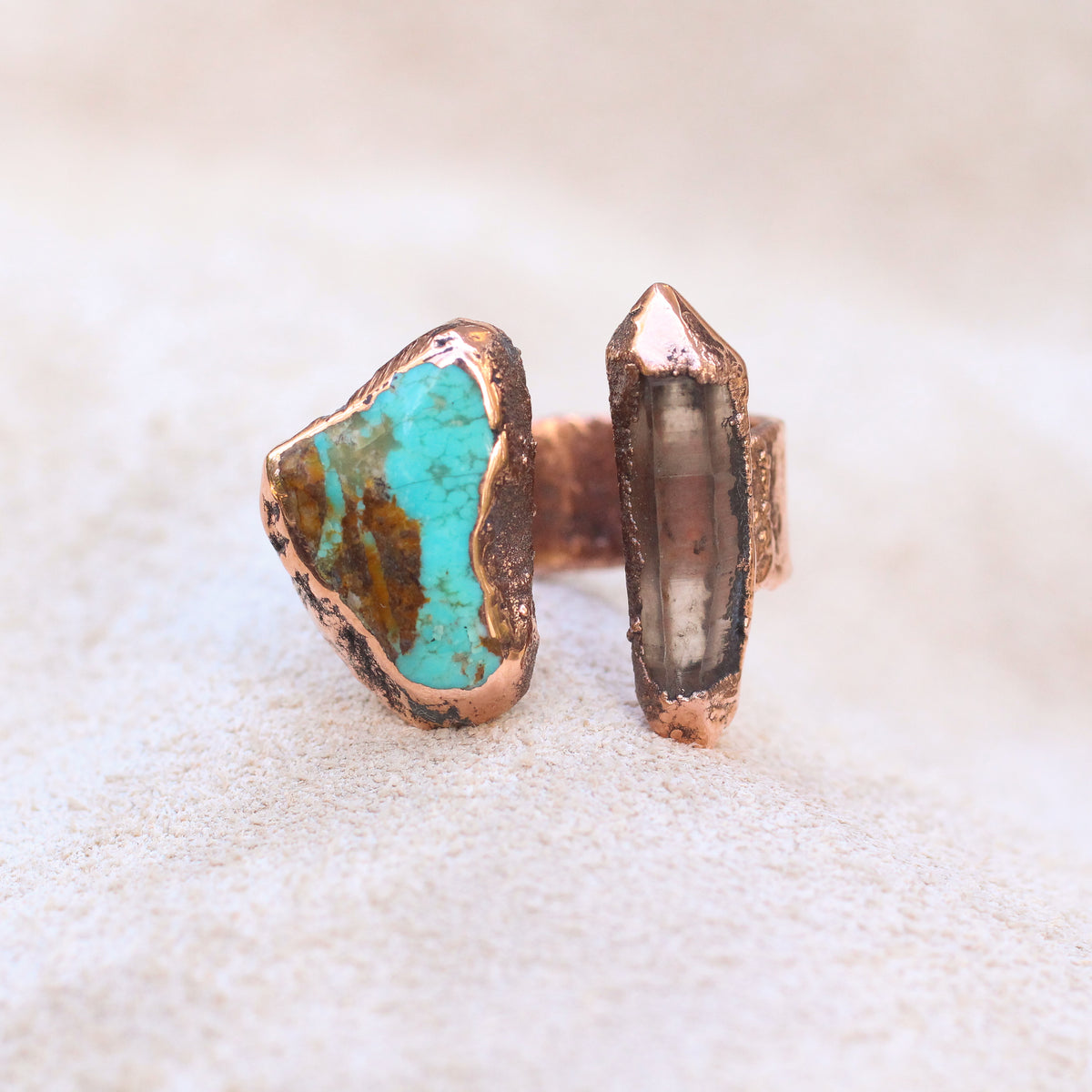 Smoky Quartz and Turquoise open Ring - size 6.75