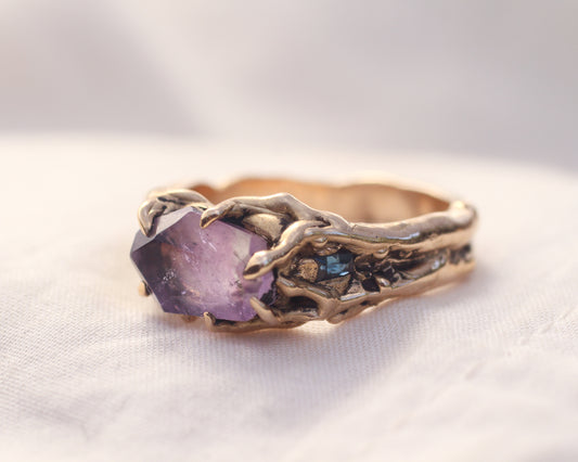 Amethyst and Sapphire ring - Bronze - Size 9.5