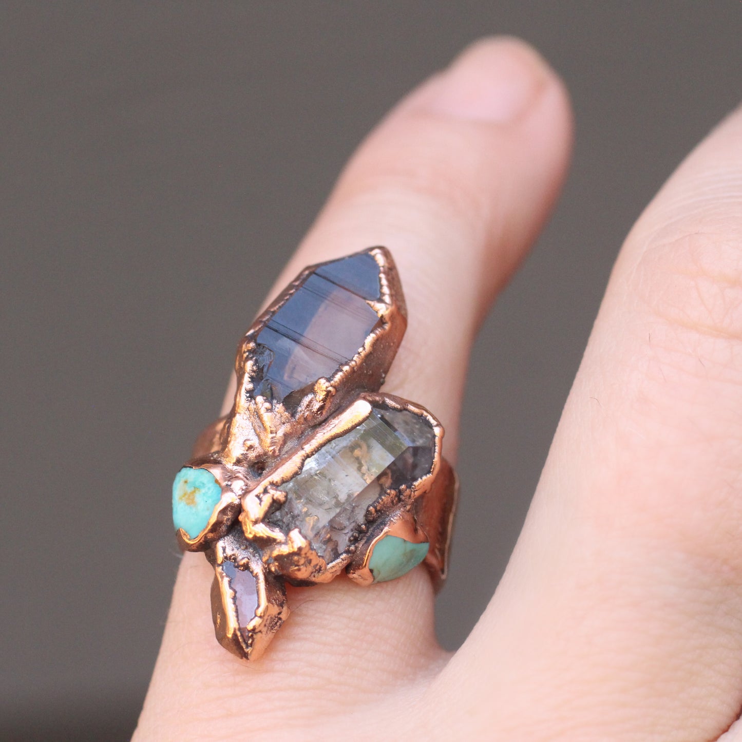 Smoky Quartz, Quartz, and Turquoise statement ring - Size 6