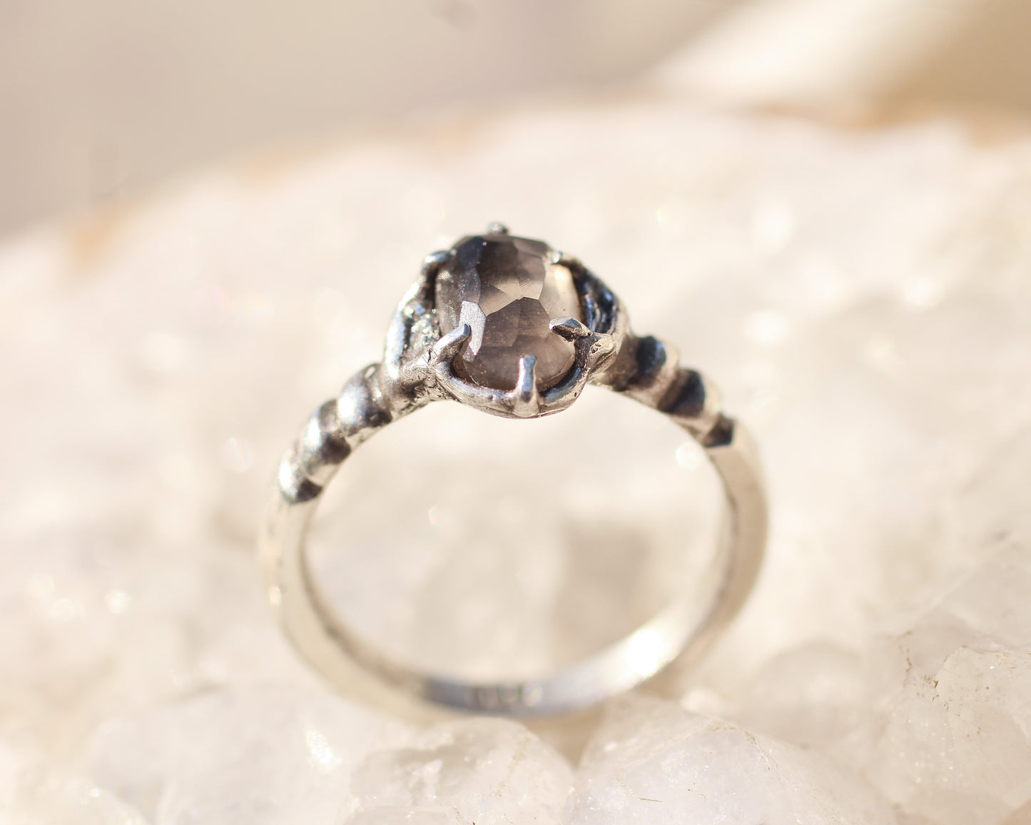 Hand Faceted Smoky Quartz ring in Silver - Size 5.75