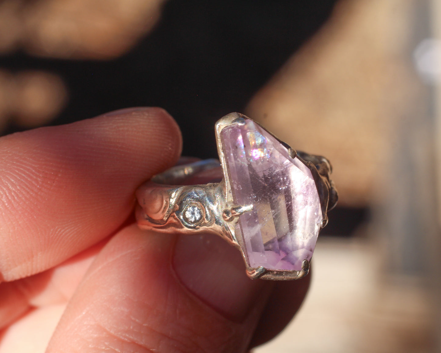 Hand faceted Amethyst and faceted Topaz ring in Silver - Size 8.25