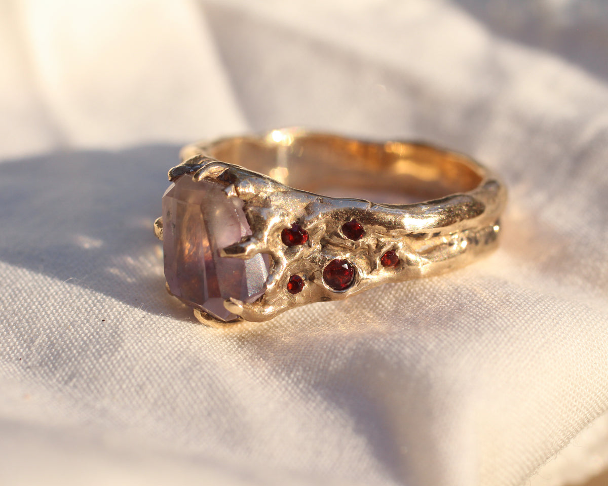 Light Amethyst and faceted Ruby Ring - Size 8.75