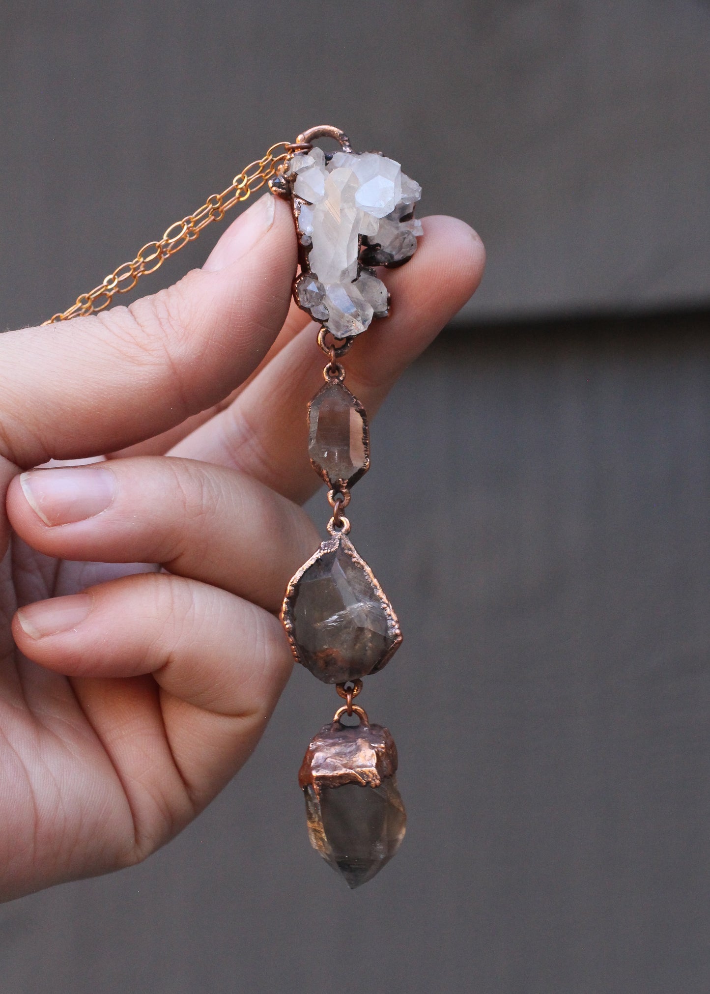 Quartz and Smoky Quartz tiered necklace