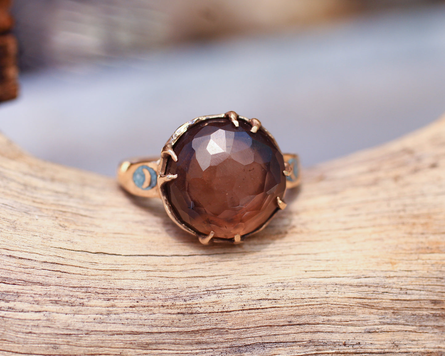 Hand Faceted Smoky Quartz and inlaid Turquoise moon ring - Size 8.25