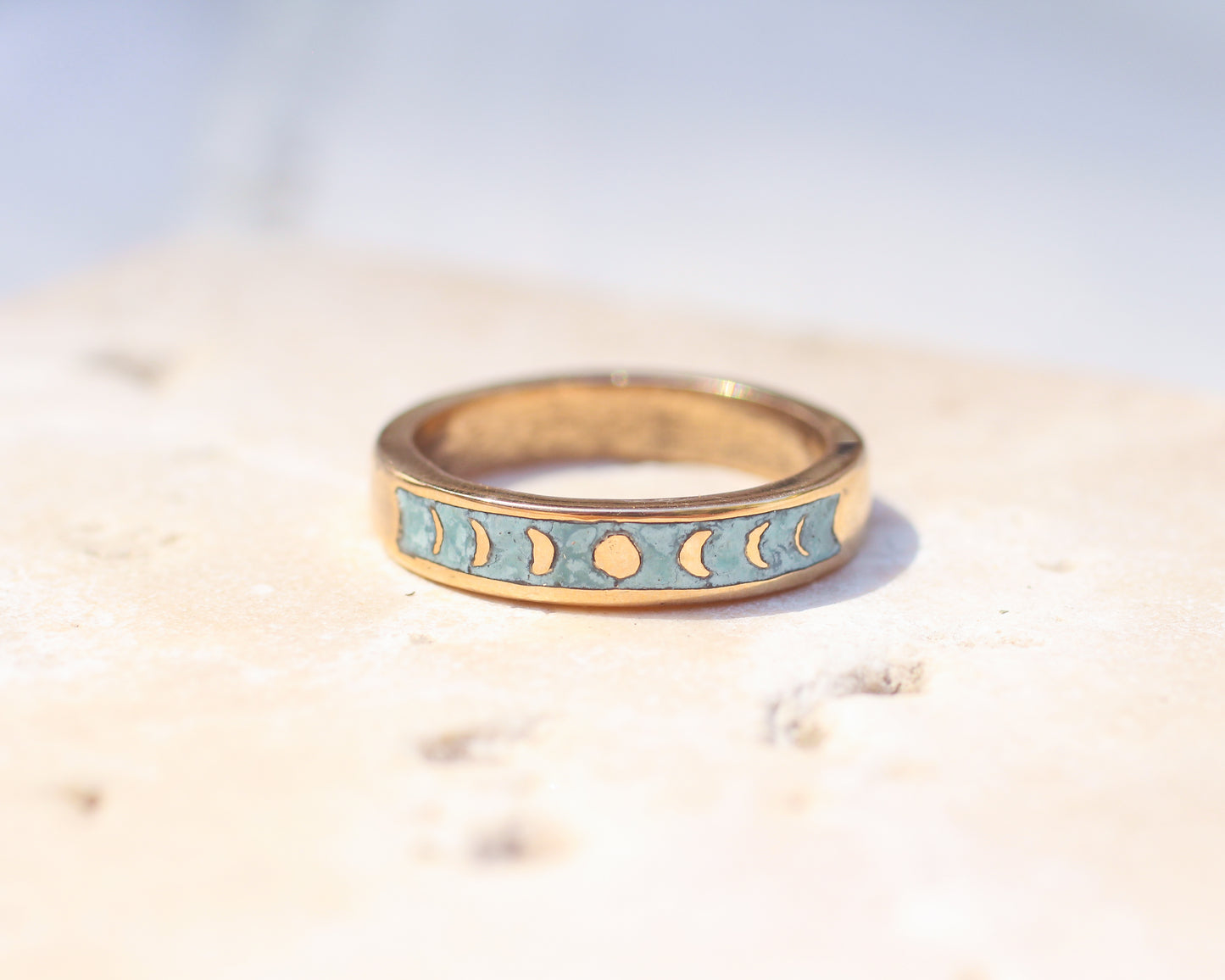 Inlaid Turquoise Moon Phase ring - Size 9.5
