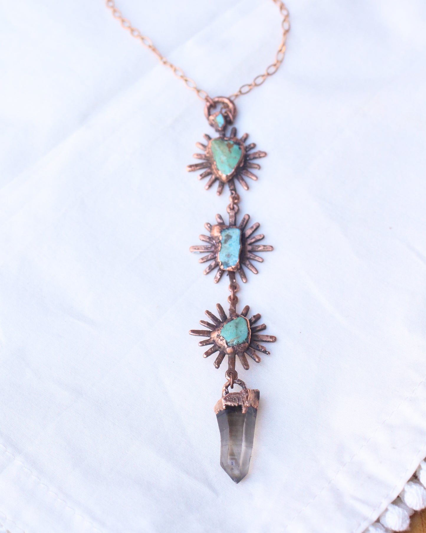 Ombré Smoky Quartz and Turquoise sun tiered necklace