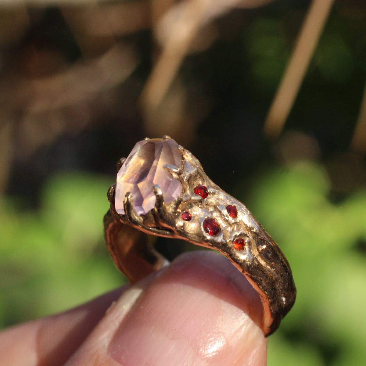 Light Amethyst and faceted Ruby Ring - Size 8.75