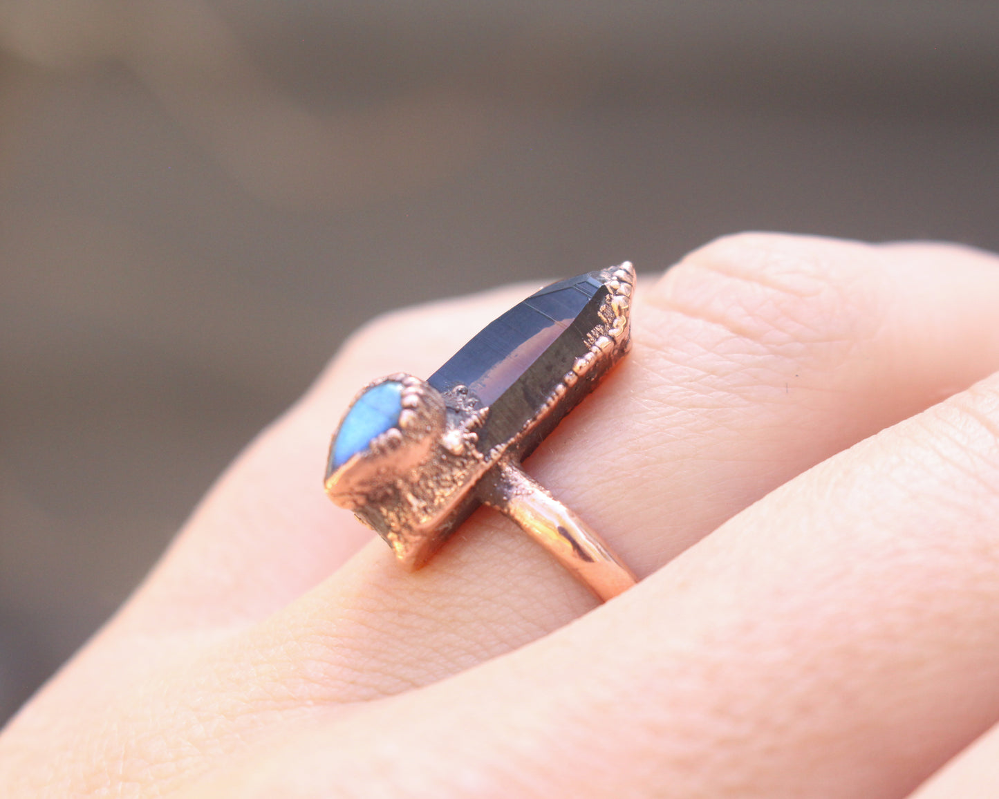 Smoky Quartz and labradorite ring - Size 9