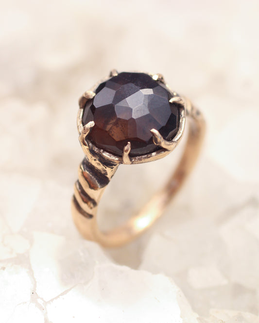 Hand Faceted Morion Smoky Quartz ring - Size 6.5