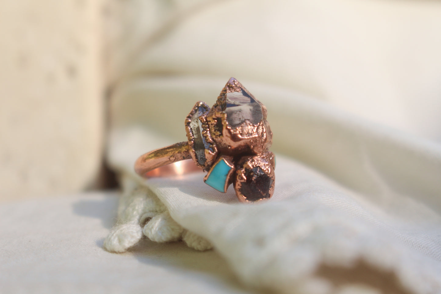 Light Smoky Amethyst, Garnet, Quartz and Turquoise ring - Size