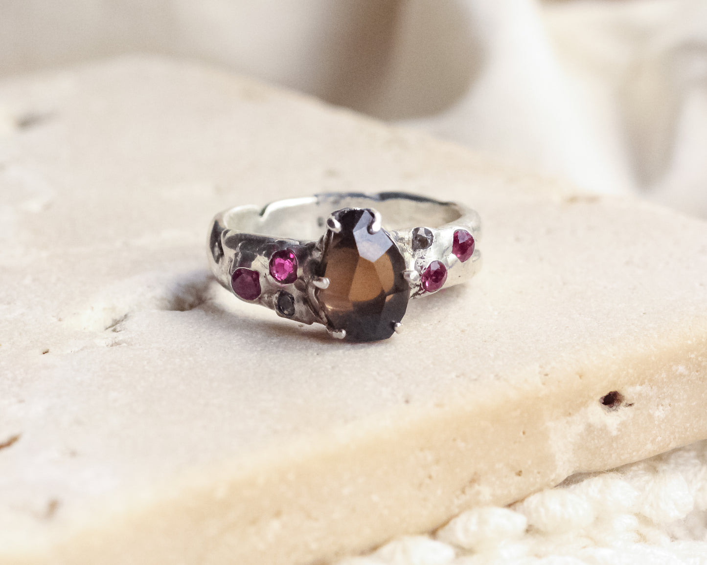 Smoky Quartz, Ruby, and Topaz ring - Silver Size 7.5