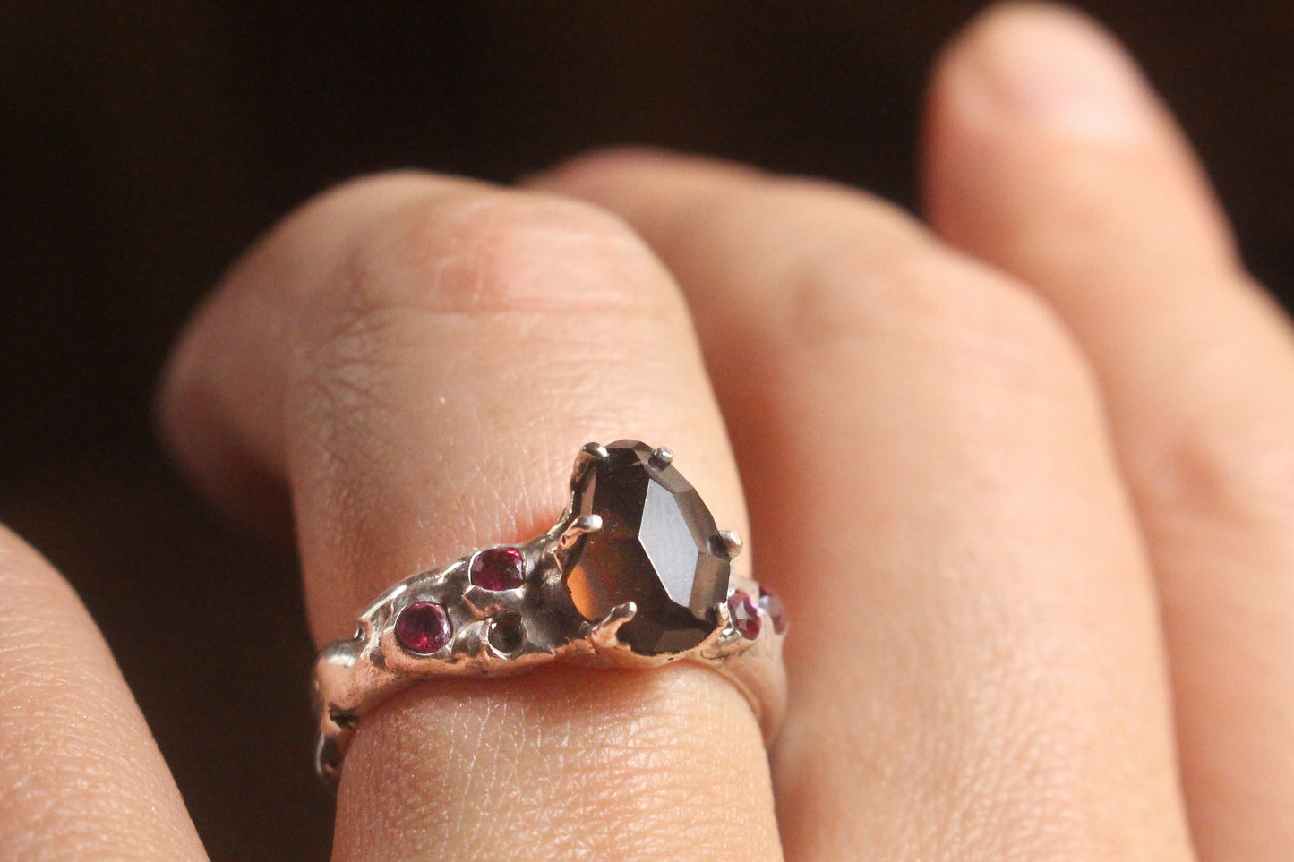 Smoky Quartz, Ruby, and Topaz ring - Silver Size 7.5