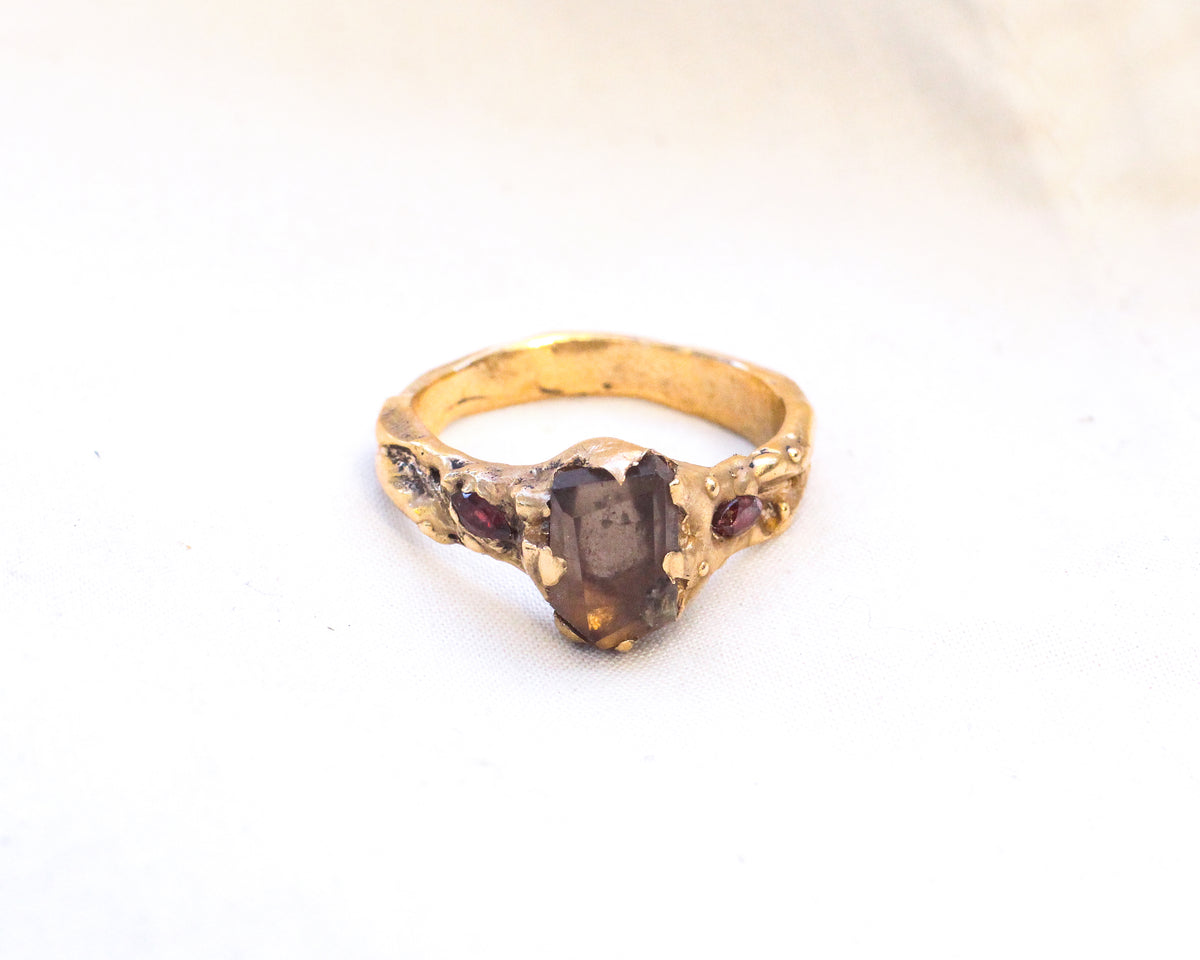 Hand Faceted Smoky Quartz and Marquise cut Ruby Ring - Size 8.5