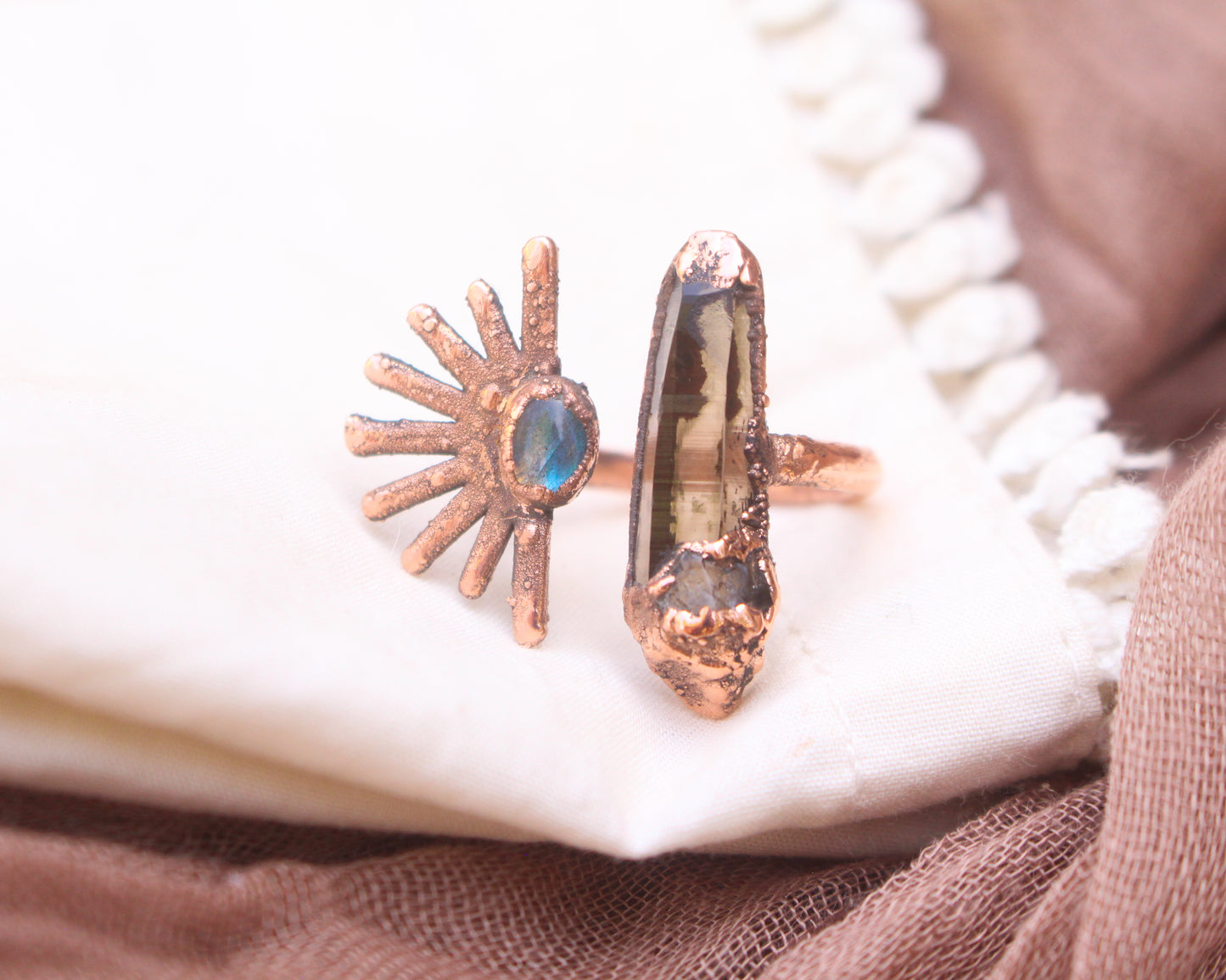 Smoky Quartz and Labradorite open style sun ring