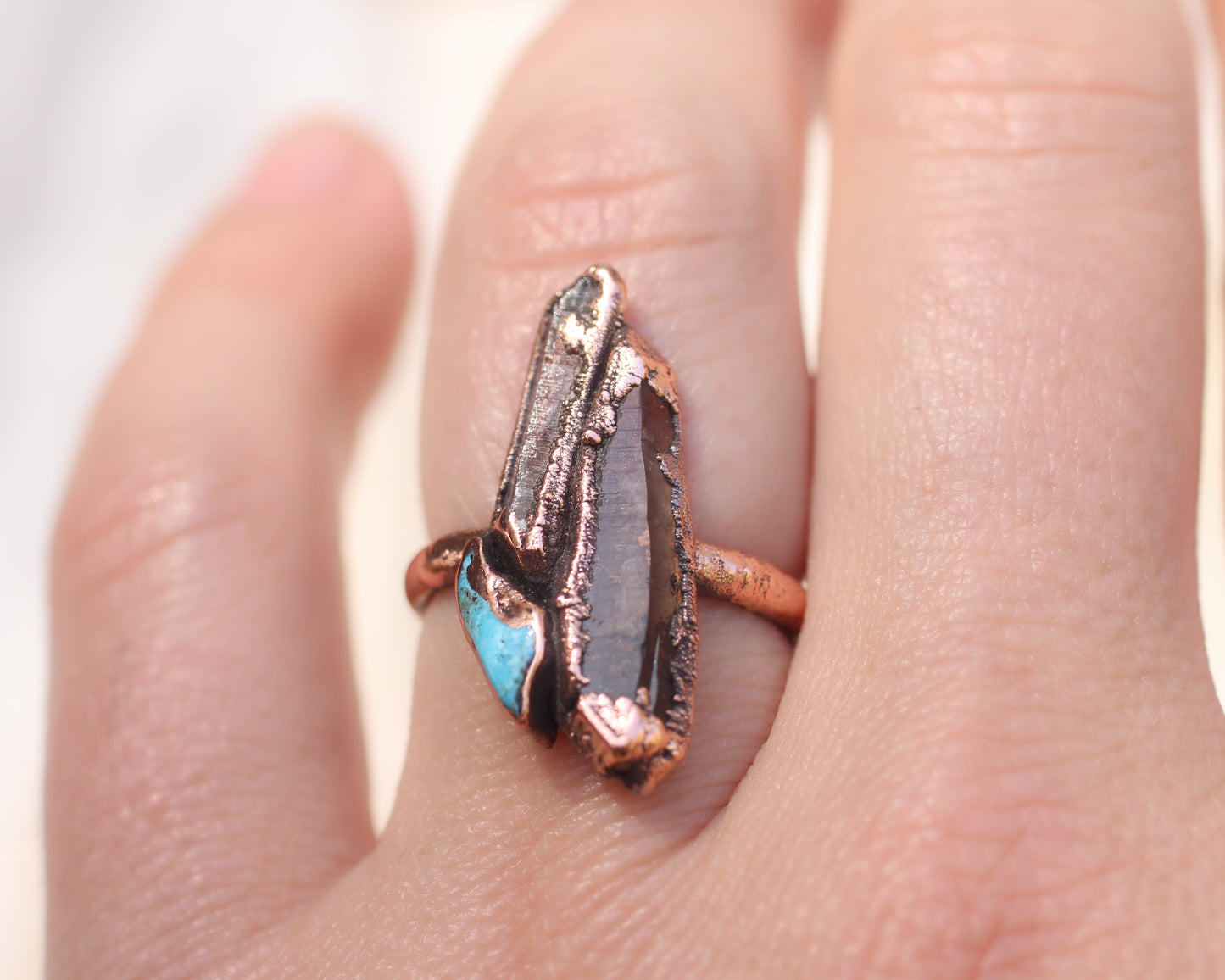 Quartz, Smoky Quartz, Turquoise ring - Size 7.5