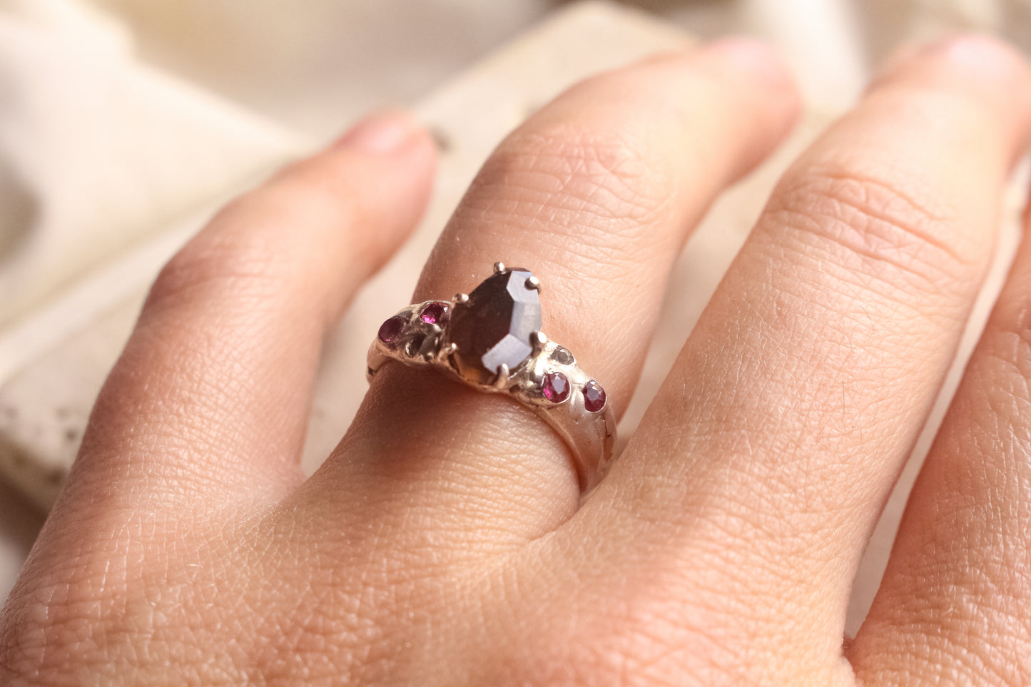 Smoky Quartz, Ruby, and Topaz ring - Silver Size 7.5