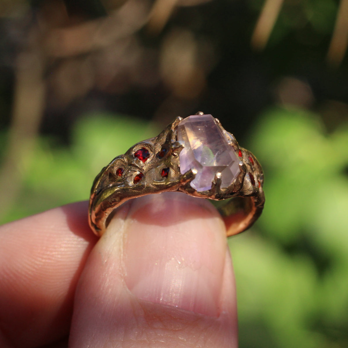 Light Amethyst and faceted Ruby Ring - Size 8.75