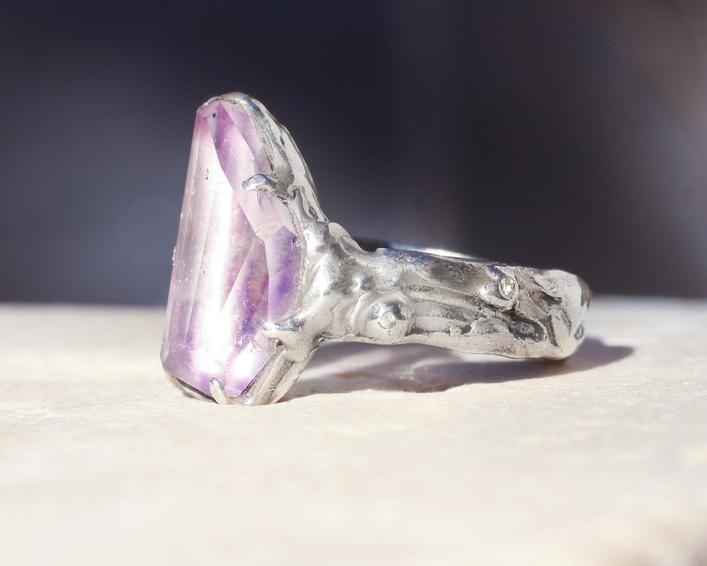 Hand faceted Amethyst and faceted Topaz ring in Silver - Size 8.25
