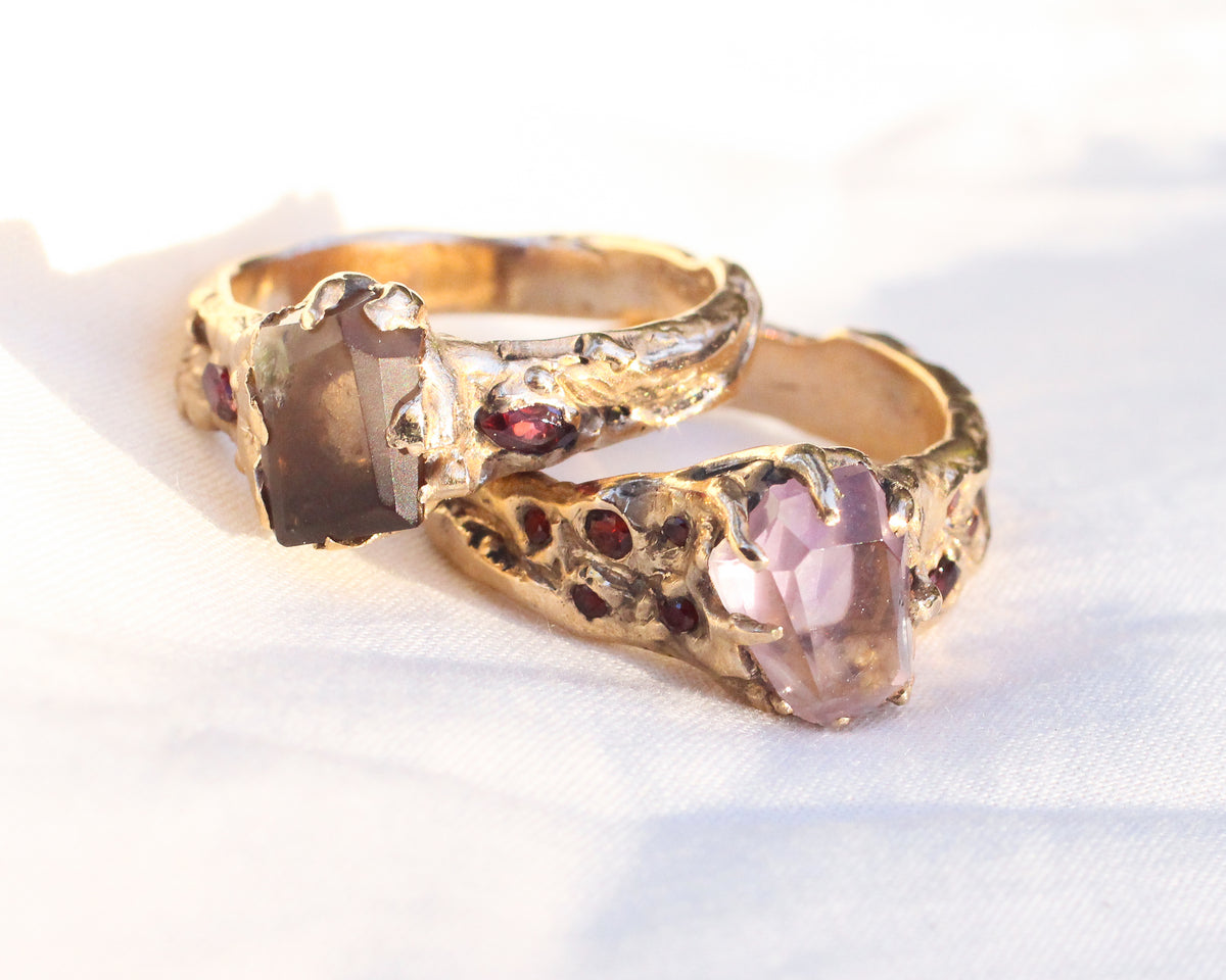 Hand Faceted Smoky Quartz and Marquise cut Ruby Ring - Size 8.5