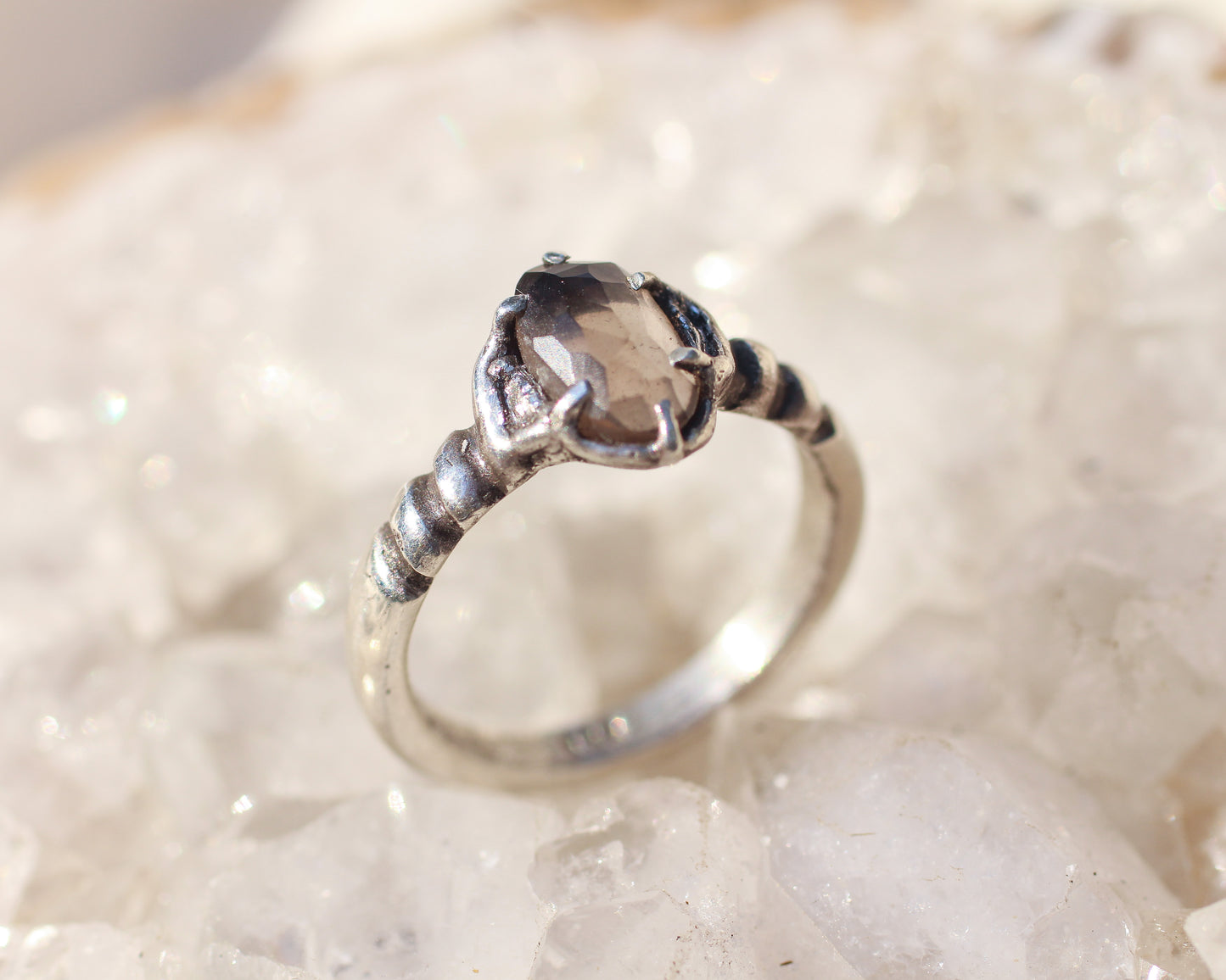 Hand Faceted Smoky Quartz ring in Silver - Size 5.75