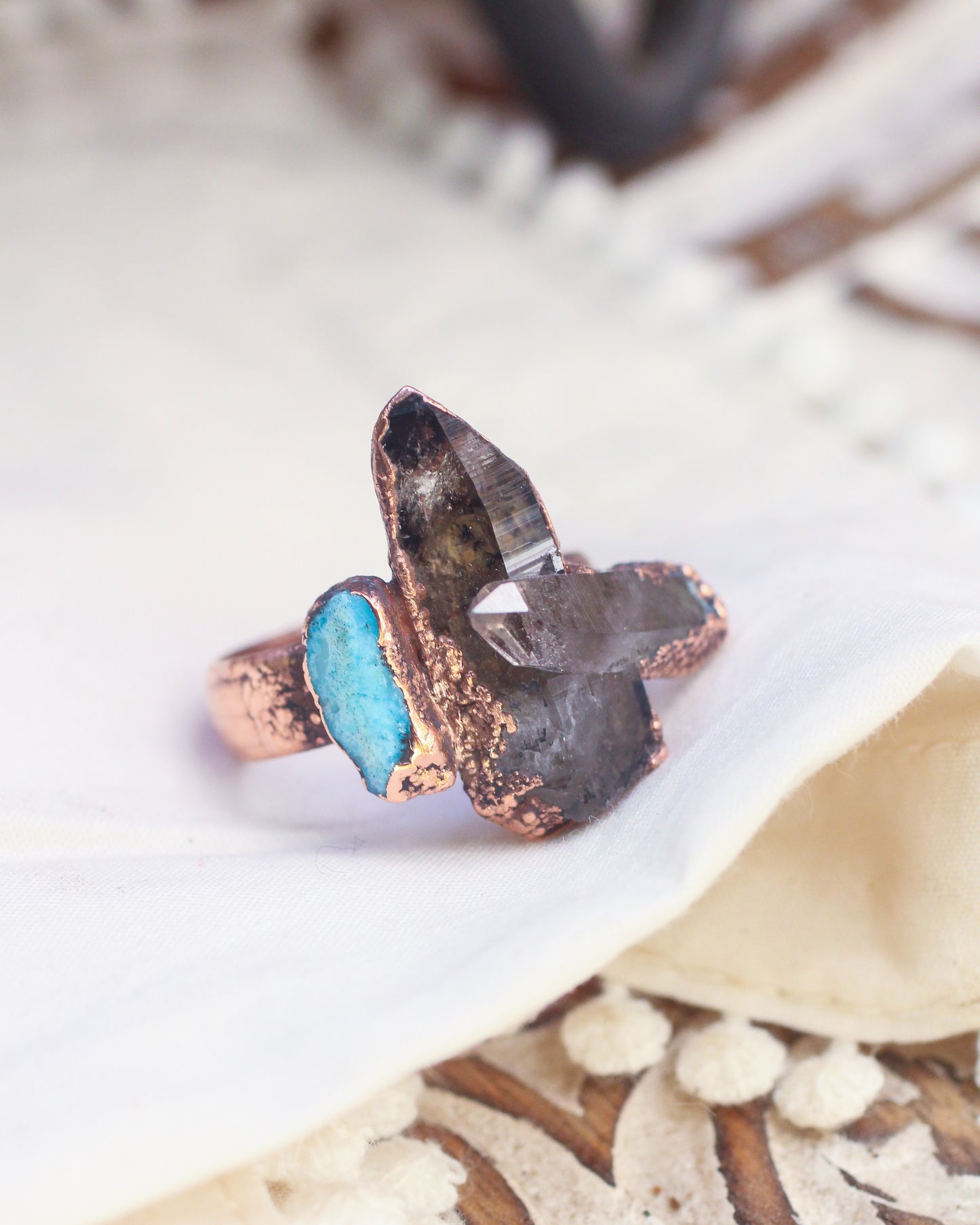 Smoky Quartz cluster and Turquoise ring - Size 9.75