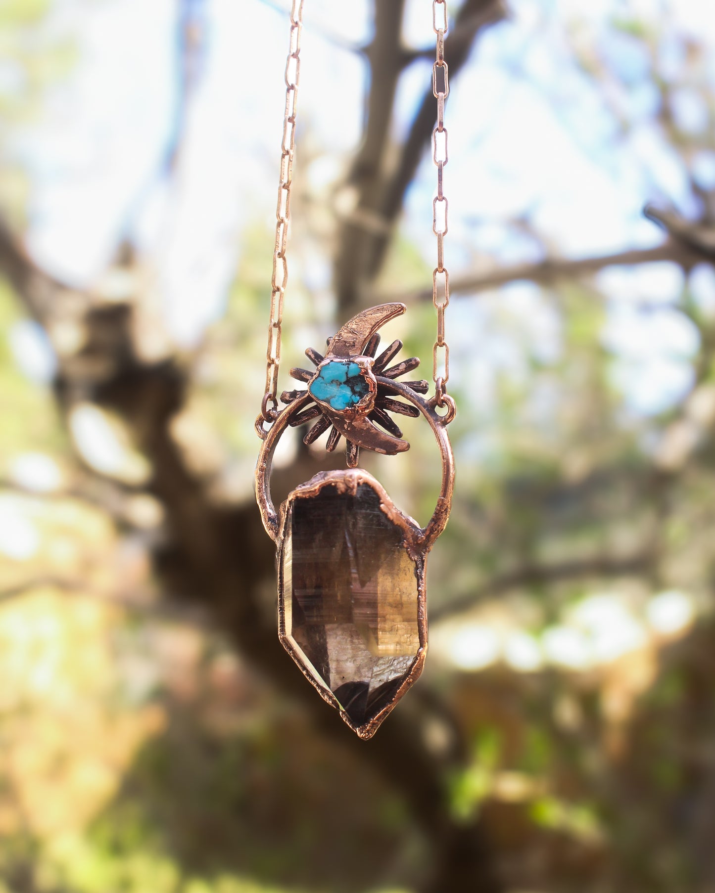 Deep Smoky Quartz and Turquoise moon aura necklace
