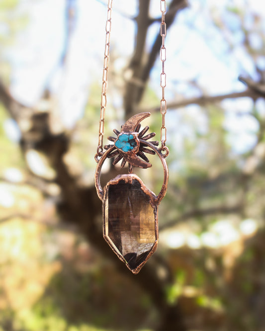 Deep Smoky Quartz and Turquoise moon aura necklace