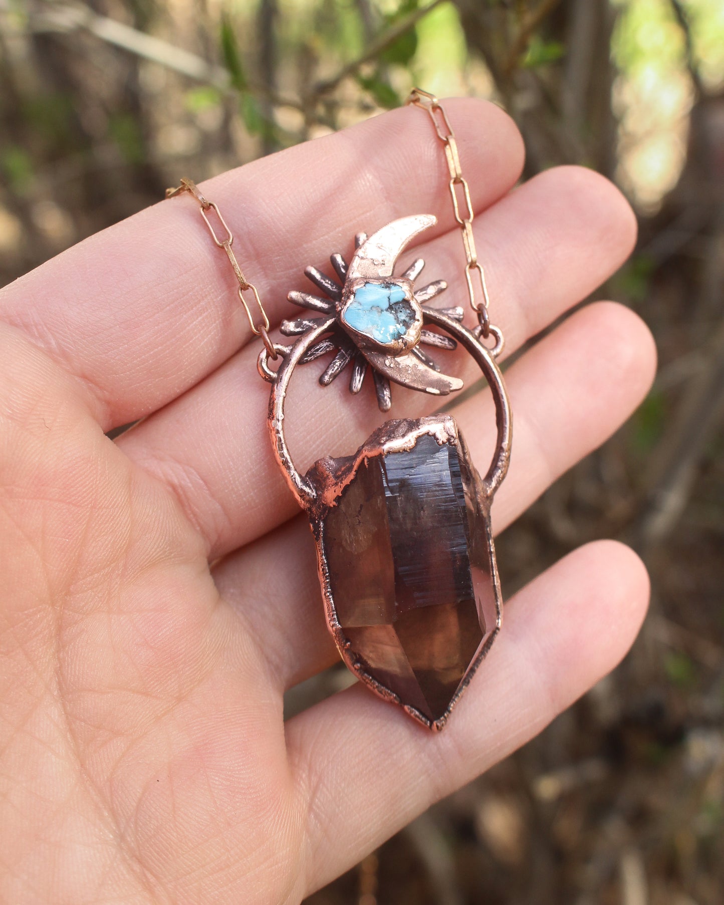 Deep Smoky Quartz and Turquoise moon aura necklace
