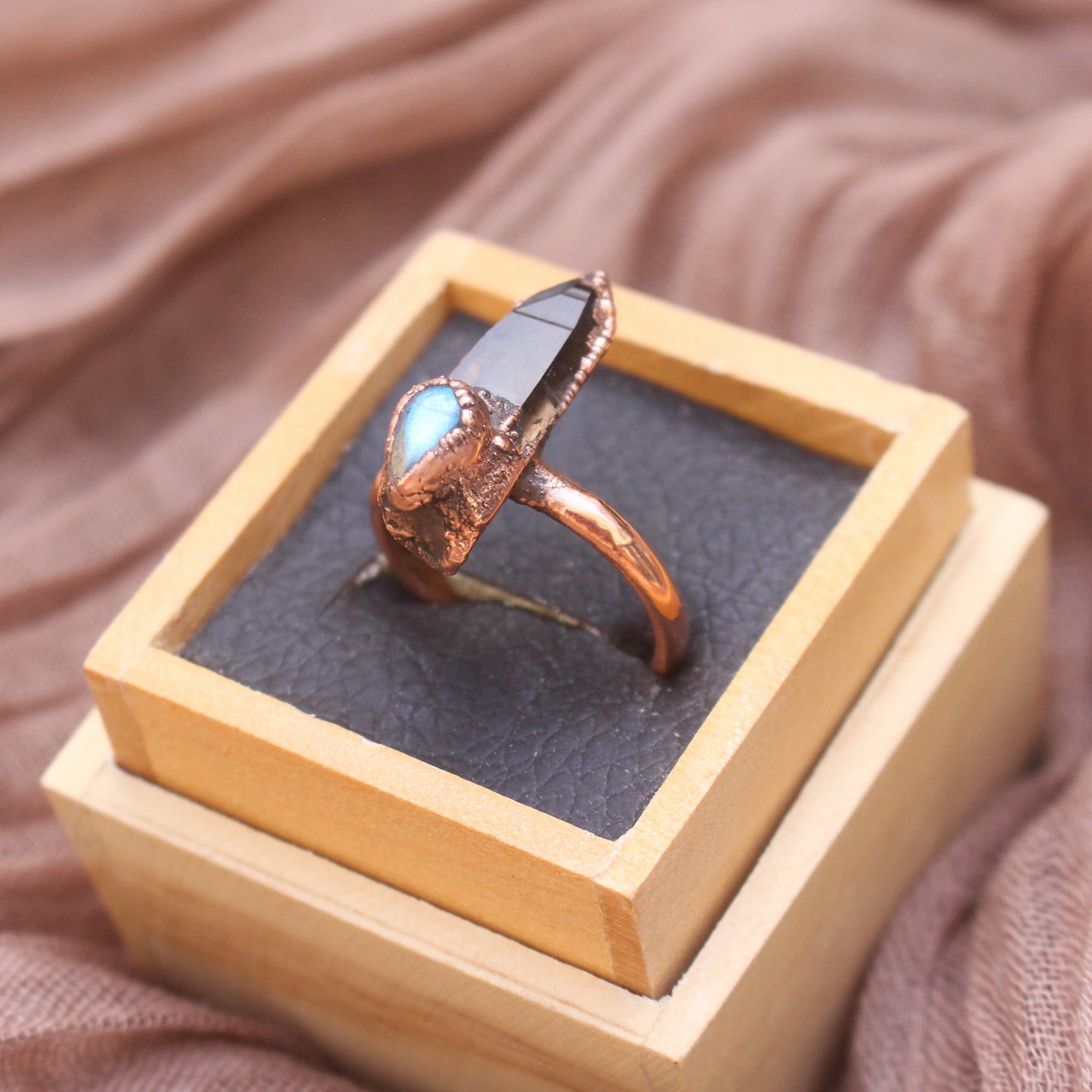 Smoky Quartz and labradorite ring - Size 9