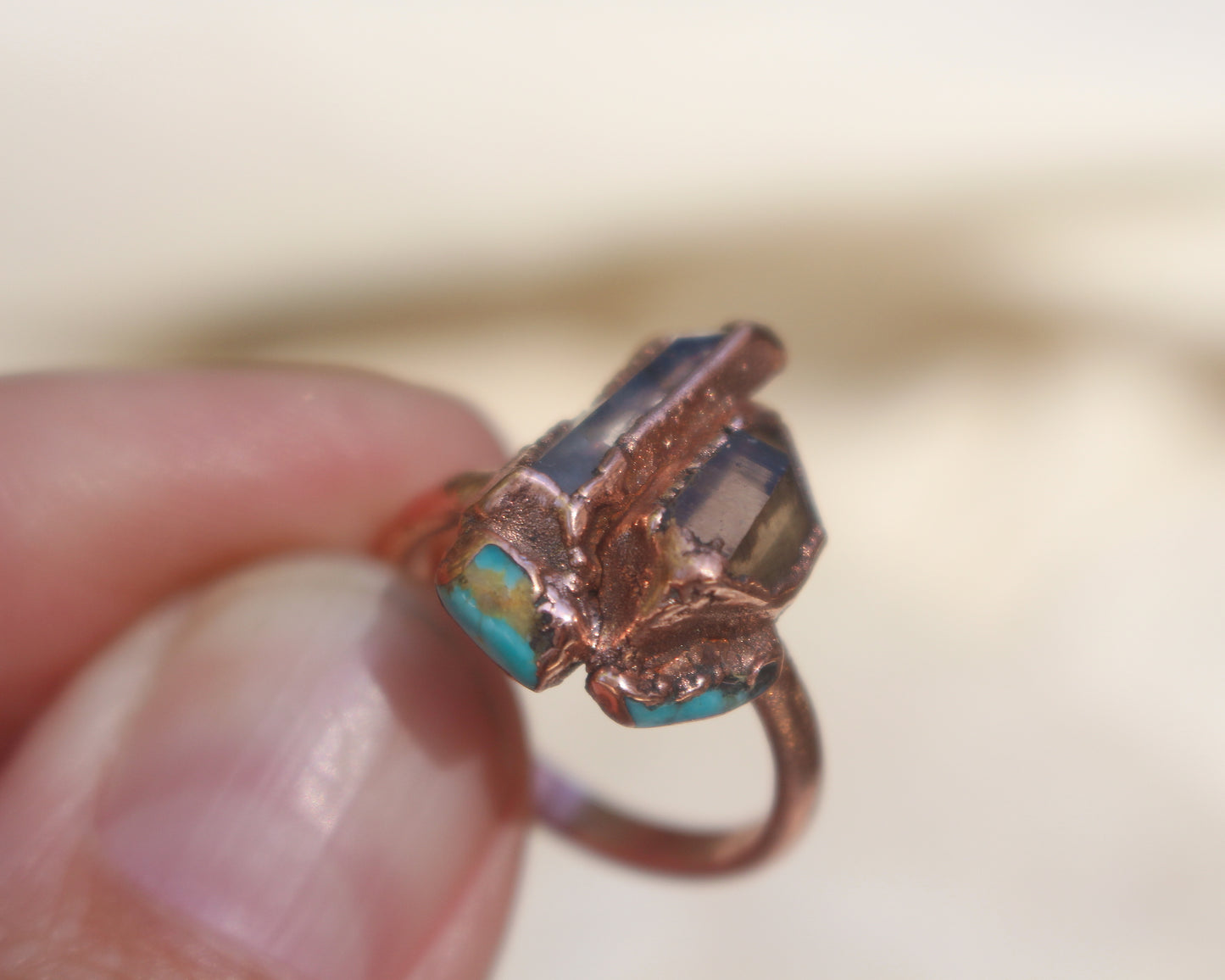 Quartz, Smoky Quartz and Turquoise ring - Size 7