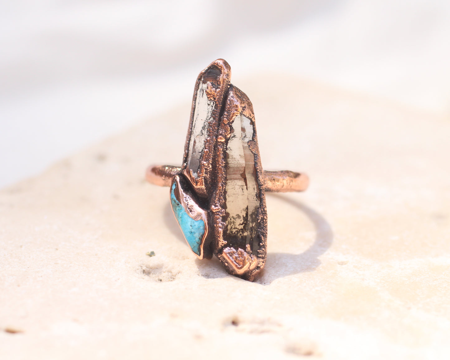 Quartz, Smoky Quartz, Turquoise ring - Size 7.5