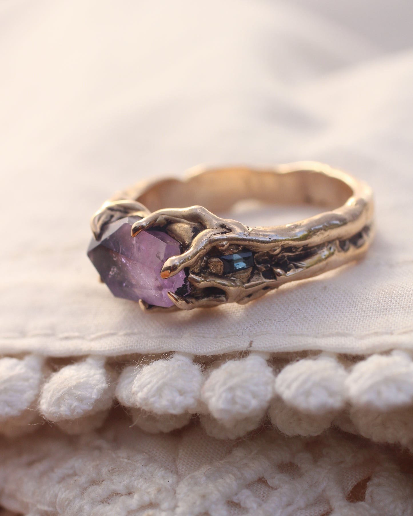 Amethyst and Sapphire ring - Bronze - Size 9.5