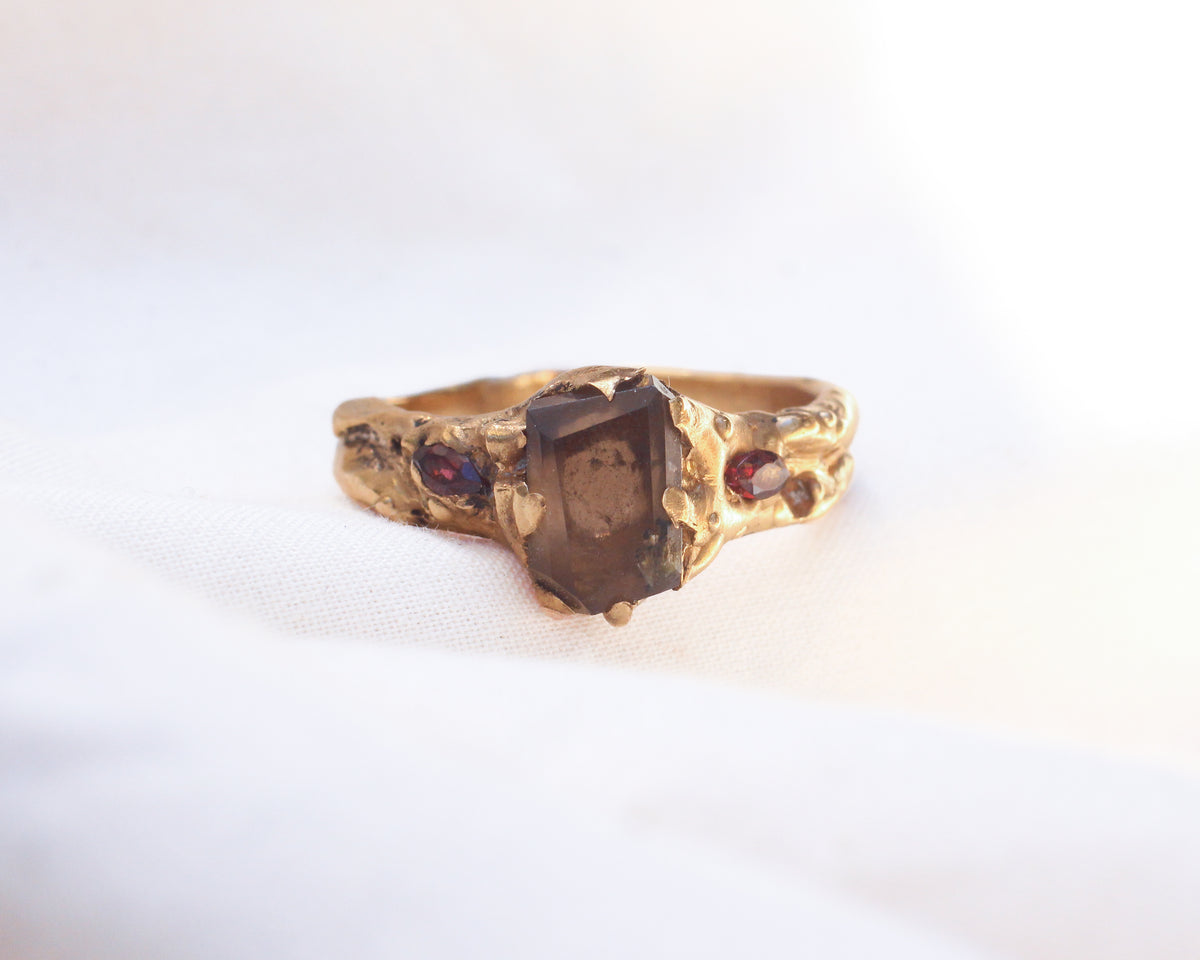 Hand Faceted Smoky Quartz and Marquise cut Ruby Ring - Size 8.5