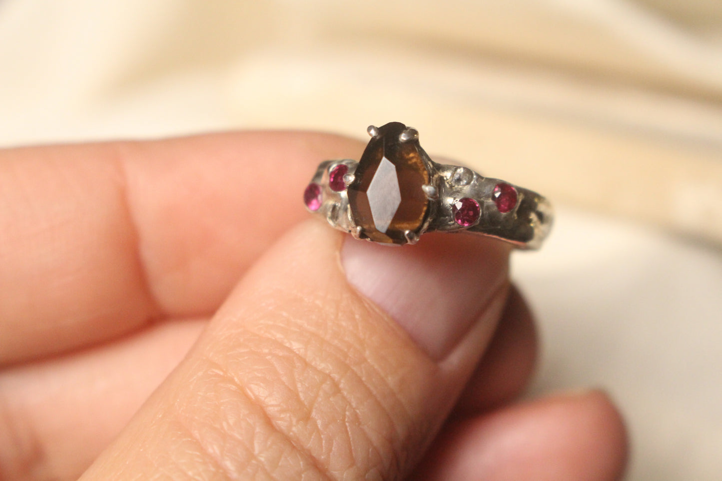 Smoky Quartz, Ruby, and Topaz ring - Silver Size 7.5