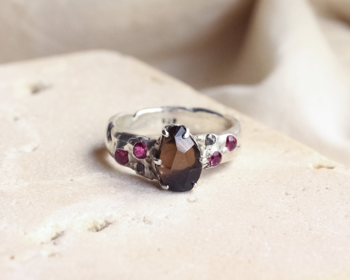 Smoky Quartz, Ruby, and Topaz ring - Silver Size 7.5