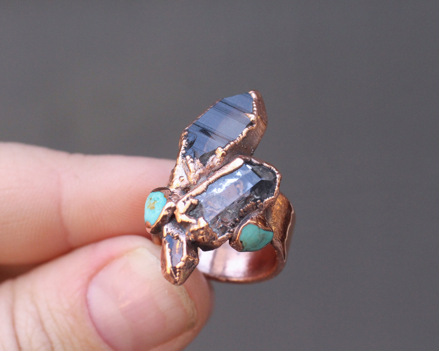 Smoky Quartz, Quartz, and Turquoise statement ring - Size 6