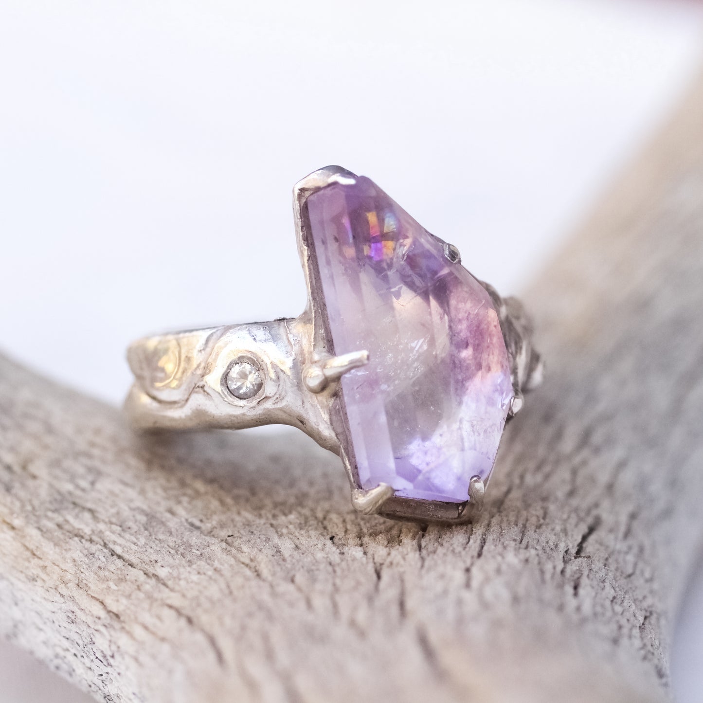 Hand faceted Amethyst and faceted Topaz ring in Silver - Size 8.25