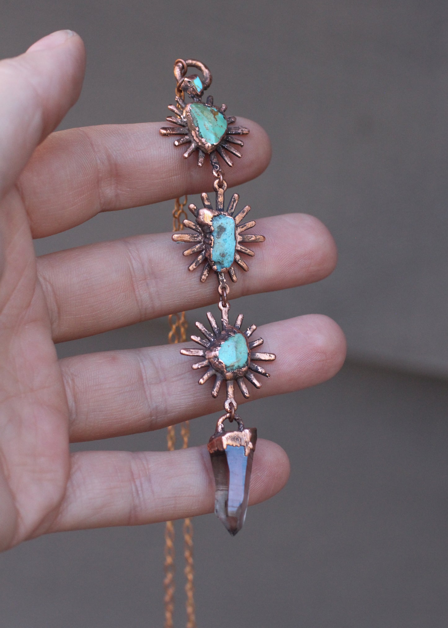 Ombré Smoky Quartz and Turquoise sun tiered necklace