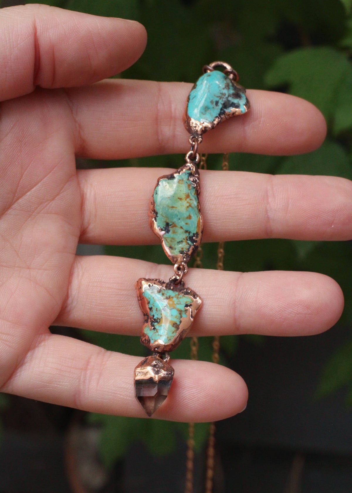 Raw Turquoise and Smoky Quartz tiered necklace