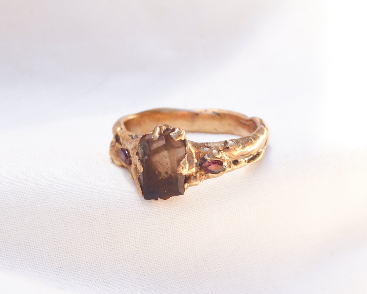 Hand Faceted Smoky Quartz and Marquise cut Ruby Ring - Size 8.5