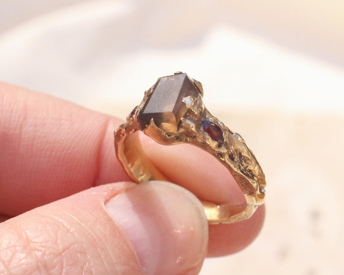 Hand Faceted Smoky Quartz and Marquise cut Ruby Ring - Size 8.5